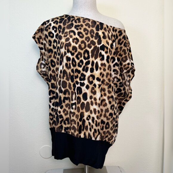 EXPRESS Leopard Print Boatneck Off-Shoulder Batwing Black Hem Tunic Blouse M - Picture 8 of 11